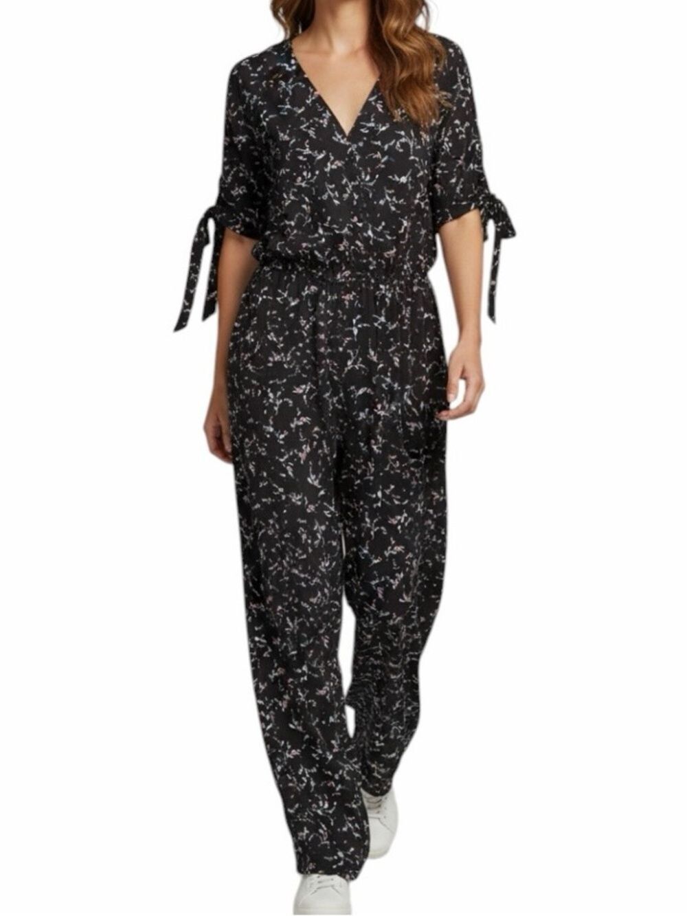 Lane Bryant Confetti Print Jumpsuit Elastic Waist Slit Tie Sleeves V Neck 14/16